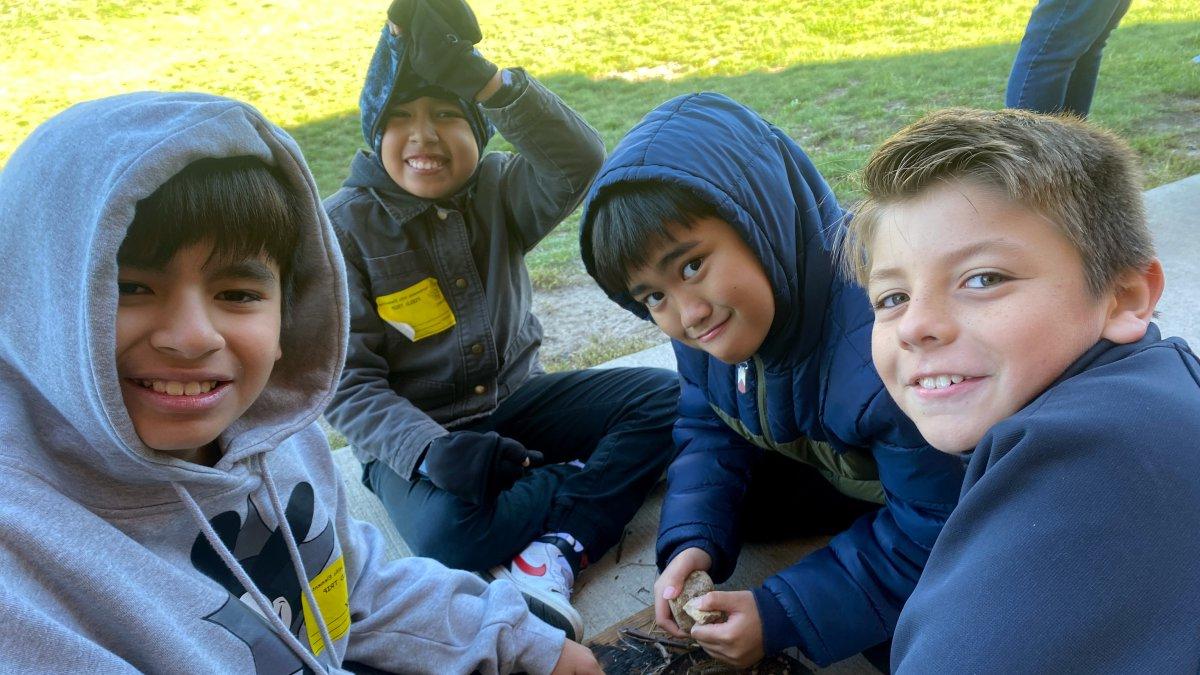 four students with a pan filled with pine cones and pine needles